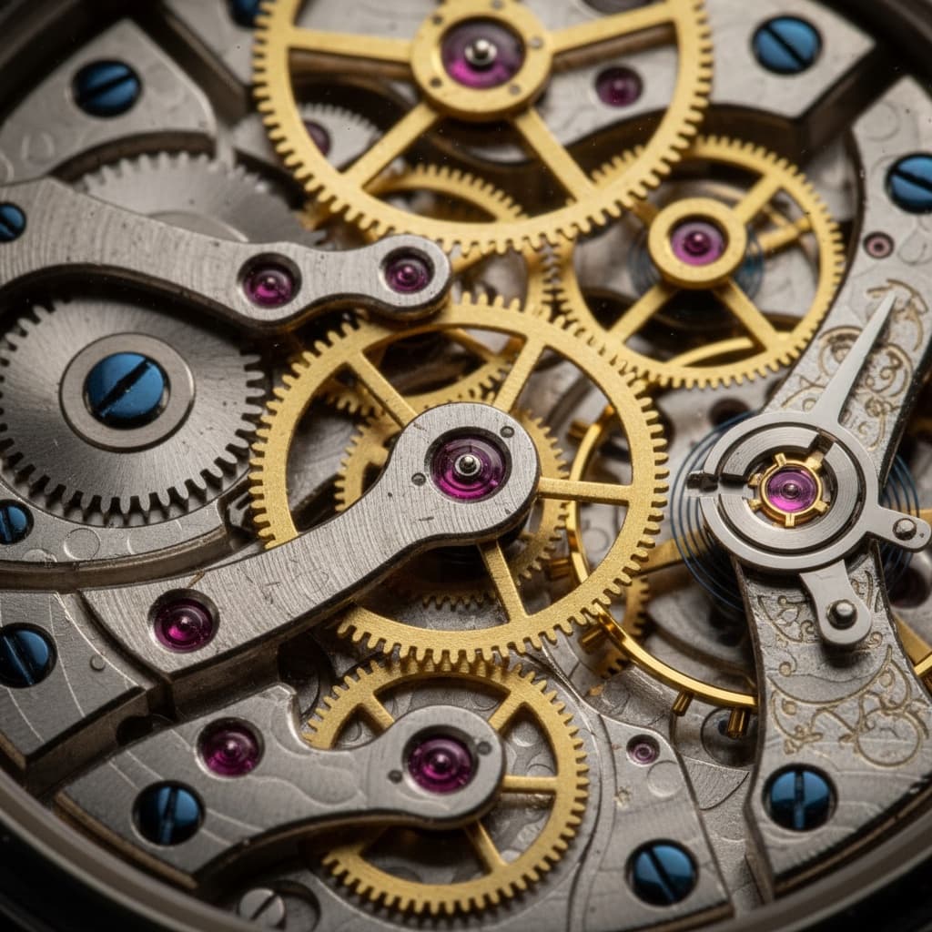 Macro photography of mechanical watch interior showing intricate golden gears and ruby jewels, extreme detail, studio lighting, dark background, hyper-realistic