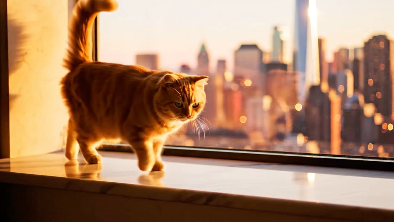 A fluffy orange cat walking gracefully along a window ledge with a sprawling city skyline in the background, golden hour light, shallow depth of field